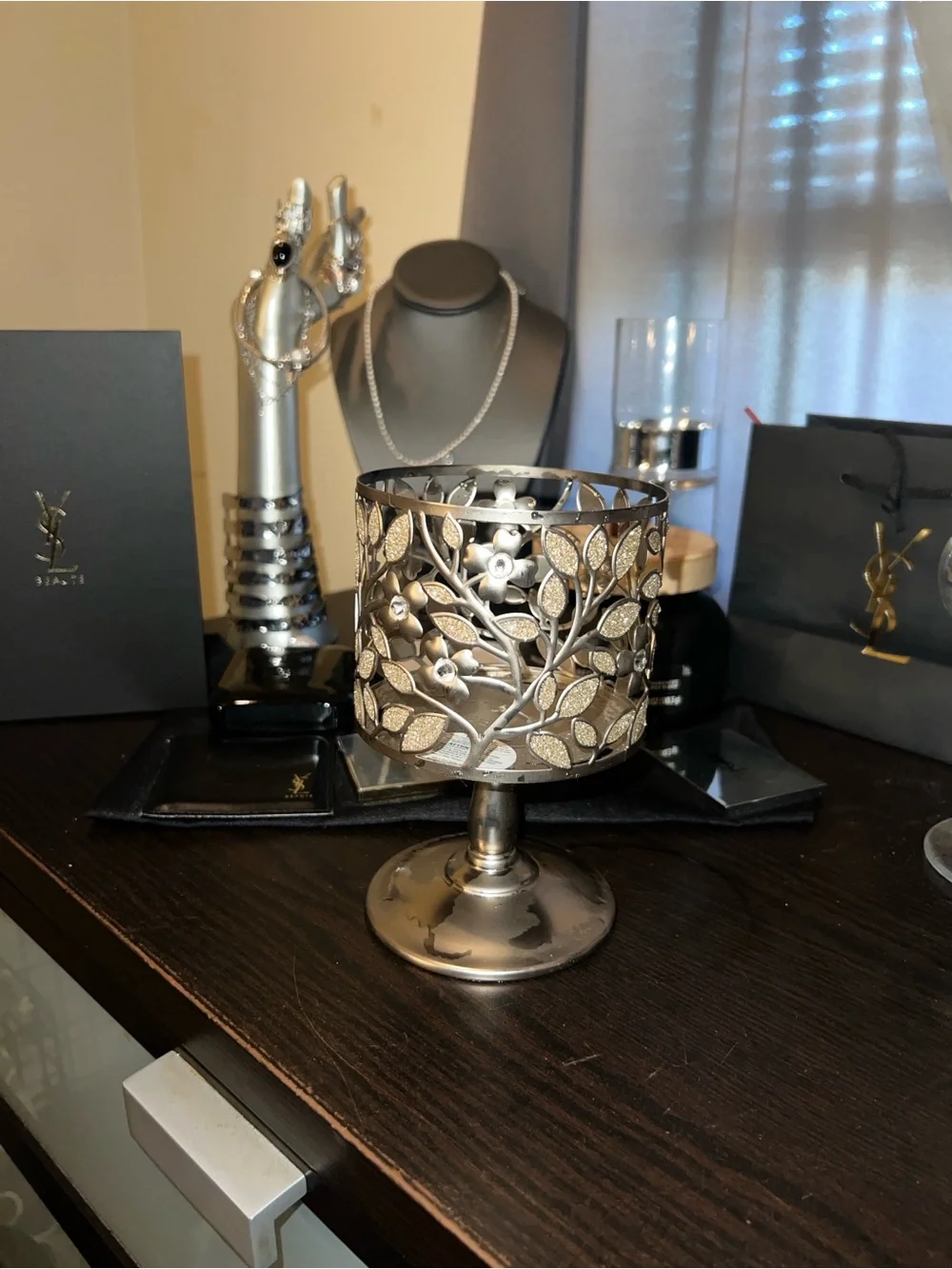 Bath & Body Works Silver Dogwood Candle Pedestal &Bejeweled Silver Candle Holder - Picture 9 of 15